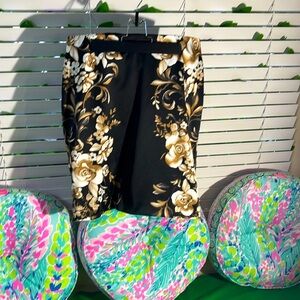 WHBM satiny feel black skirt with baroque floral sides